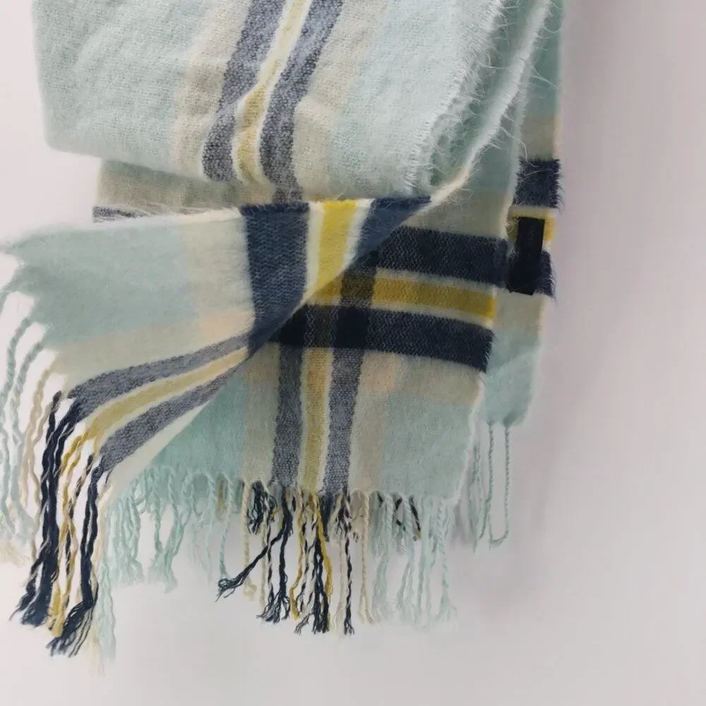 Steve Madden Fuzzy Scarf with Tassels Blue Navy Blue Aqua Yellow - Picture 9 of 10